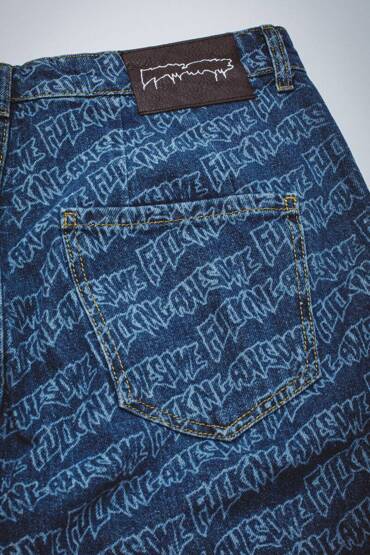 Fucking Awesome - Baggy Pleated Denim Laser Stamp Shorts (Blue)